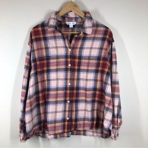 Old Navy Cropped Plaid Flannel Boyfriend Shirt Button Up Red Pink Blue Size XL